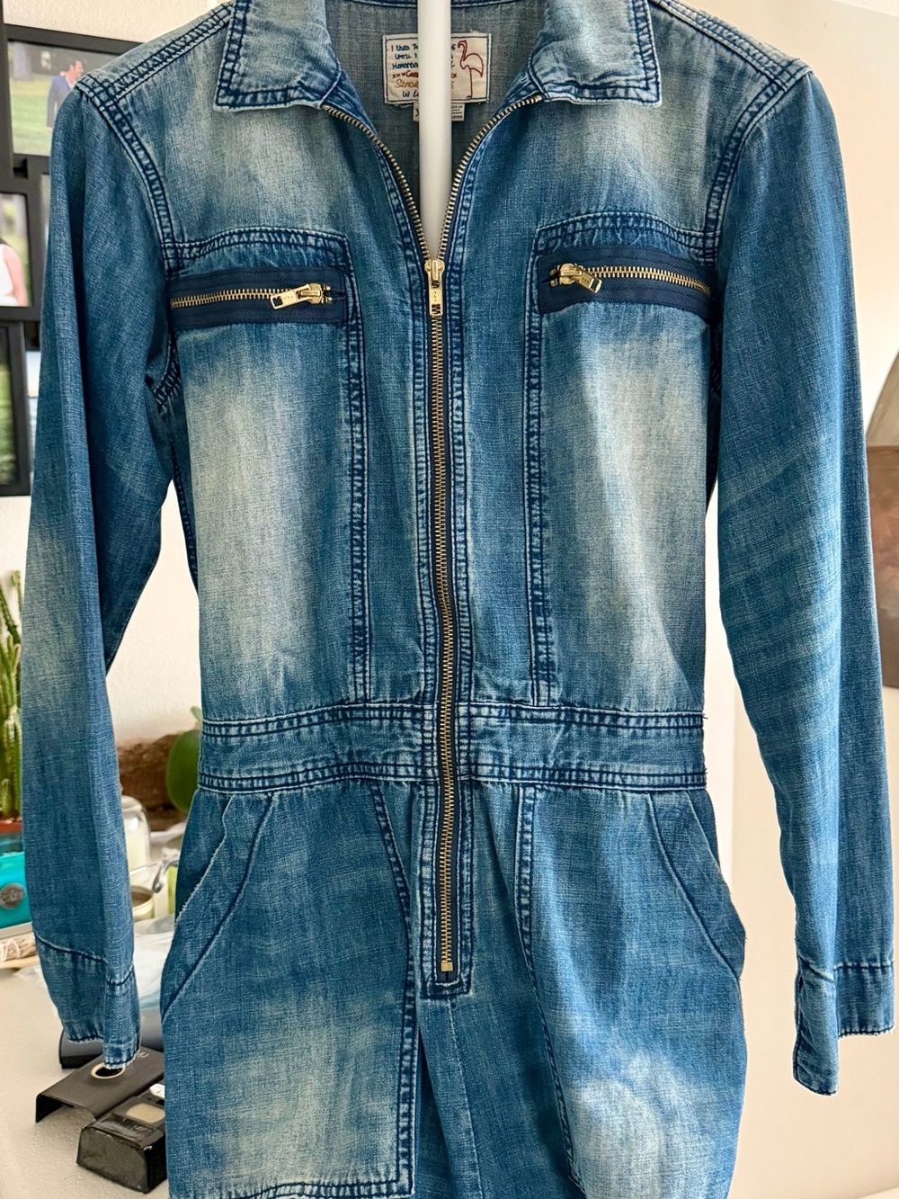 Free People Washed Distressed Blue Denim Zip Romper